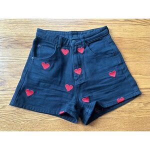 Lazy Oaf Red Hearts Denim Jean Shorts Womens Sz 24 High Rise Black